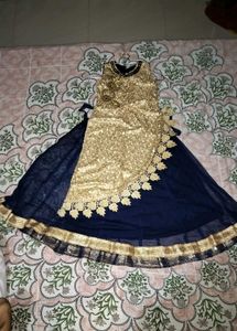 Elegant Gold Lace &amp; Navy Blue Dress