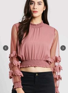 plusS Women Peach-Coloured Self Design Blouson Top