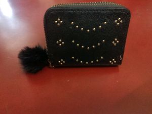 Black Studded Wallet with Pom-Pom