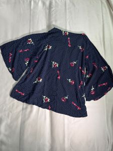 Navy Blue Floral Print Bell Sleeve Top