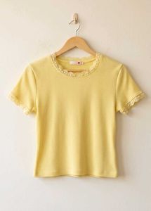 Cute Yellow Lace Trimmed Ribbed Top