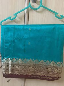Beautiful Teal Saree with Goldenborder and blouse