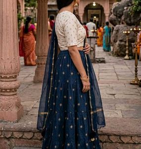 Navy Embroidered Tiered Maxi Skirt