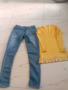 Women Blue Jeans &amp; Yellow Sweater combo Set