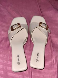 Stylish White Wedge Sandals with Gold Buckle