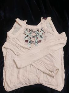 White Embroidered Cold Shoulder Top