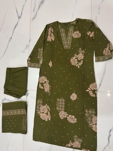Olive Green Embroidered Kurti Set