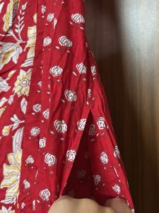 Red Floral Puff Sleeve Midi Dress