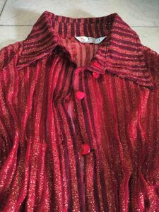 Sparkly Red Striped Sheer Button-Up Top 🎪📍🔻🎈🎀