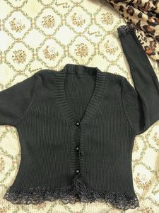 Black Lace Trim Ribbed Cardigan