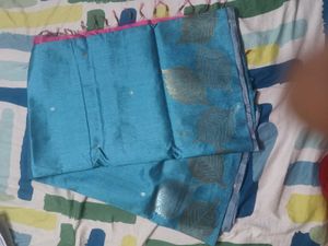 Pink &amp; Blue Saree And (Stitched Embroidery Blouse