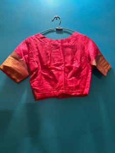 Khadi Silk Pink Blouse with Golden Border Sleeves