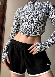 Y2K Graphic Print Turtleneck Crop Top