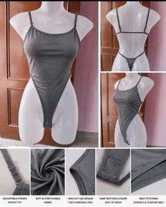 SHEIN Premium Charcoal Gray Highcut Thong Bodysuit