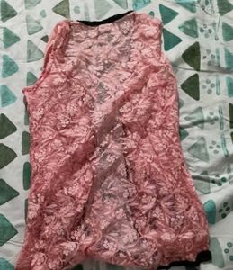 Chic Pink Lace Vest with Black Trim