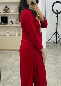 Vibrant Red Kurta Set with Embellished Neckline