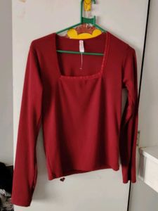 Red Long Sleeve Square Neck Top