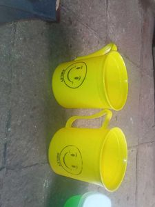 2 Yellow Smiley Face Mugs and bowl