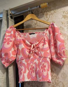 Pink Floral Smocked Tie-Up Crop Top