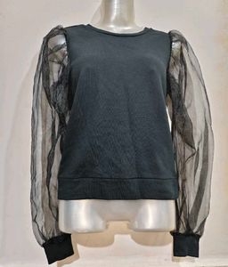 Chic Black Top with Sheer Sleeves