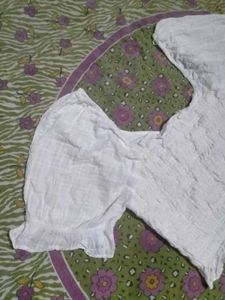 White Smocked Puff Sleeve Crop Top