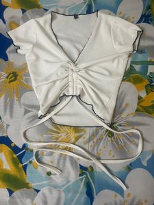 White Ruched Tie-Up Crop Top