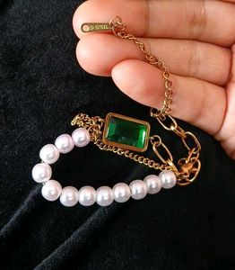 💚Stainless Steel Emerald &amp; Pearl Bracelet