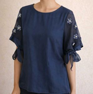 Navy Blue Embellished Sleeve Top