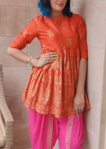 Sangria Orange Gold Foil Kurta – Size M