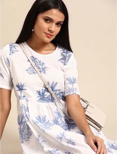 Anouk Women White & Blue TropicalPrinted A-Line Dr