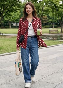 girls Maroon shirt white Polka Dot Button-Up