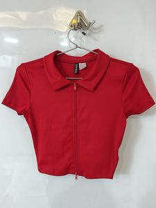 h&m 2way zip red crop top