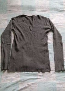Gray Ribbed V-Neck Long Sleeve Top