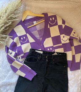 Purple Smiley Checkered Cardigan