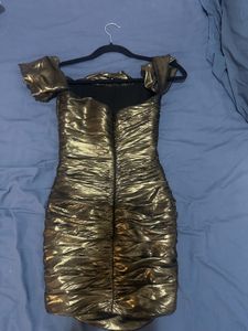 Metallic Off-Shoulder Ruched Mini Dress