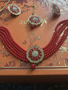 Red Beaded Jewellery Set with Earrings &amp; Tikka