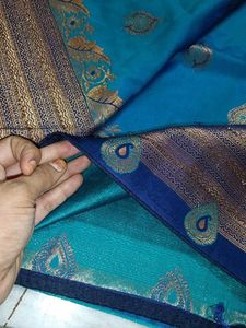 Beautiful Teal Silk Saree with Gold Weave and comp