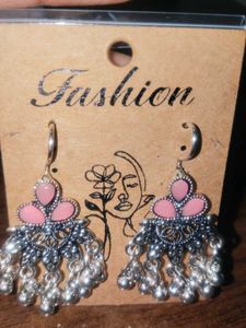 Pink Floral Oxidised Silver Jhumka Earrings