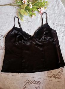 H&amp;M Lace Trimmed Satin Top