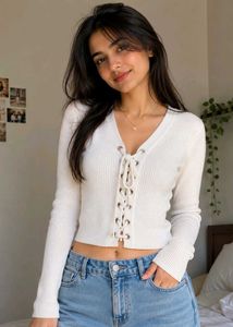 White Ribbed Lace-Up Knit Top