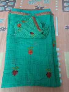 Beautiful Teal Saree with Floral Print