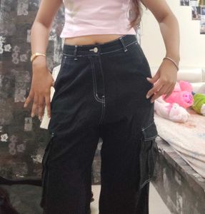 Black Cargo Pants with White Stitching
