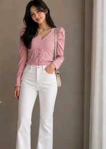 Chic Pink Puff Sleeve V-Neck Top