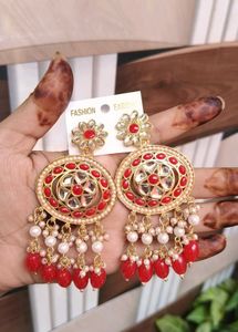 Elegant Red &amp; Pearl Drop Earrings