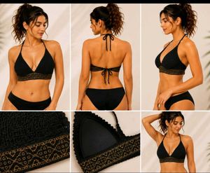 Elegant Black Halter-Neck Bikini Top with Gold Zar