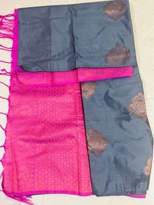 Borderless Elegant Grey &amp; Pink Silk Saree