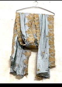 Elegant Grey &amp; Gold Embroidered Fabric
