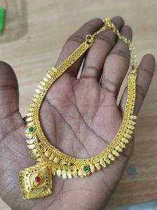 Elegant Gold Necklace with Red &amp; Green Stones