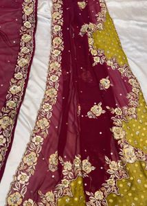 Embroidered Maroon and Olive Green Saree