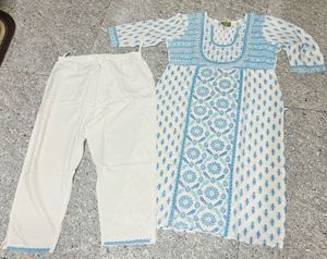 ZARI Blue & White Printed Kurta with Pants